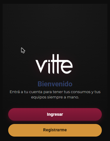 App del cliente: pantalla de bienvenida con los botones Ingresar y Registrarme
