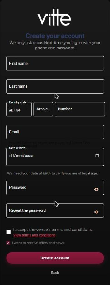 Client app: Create your account form