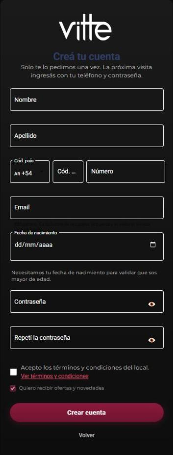 App del cliente: formulario Creá tu cuenta