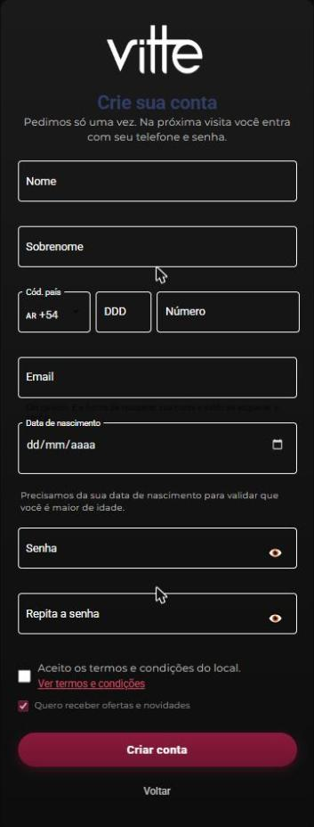 App do cliente: formulário Crie sua conta