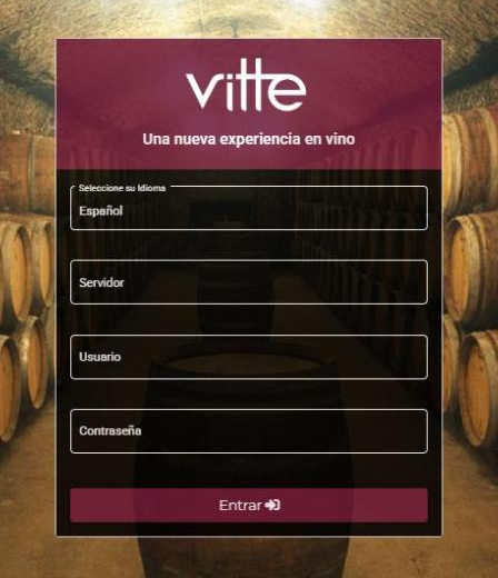 Pantalla de ingreso al panel con Idioma, Servidor, Usuario y Contraseña