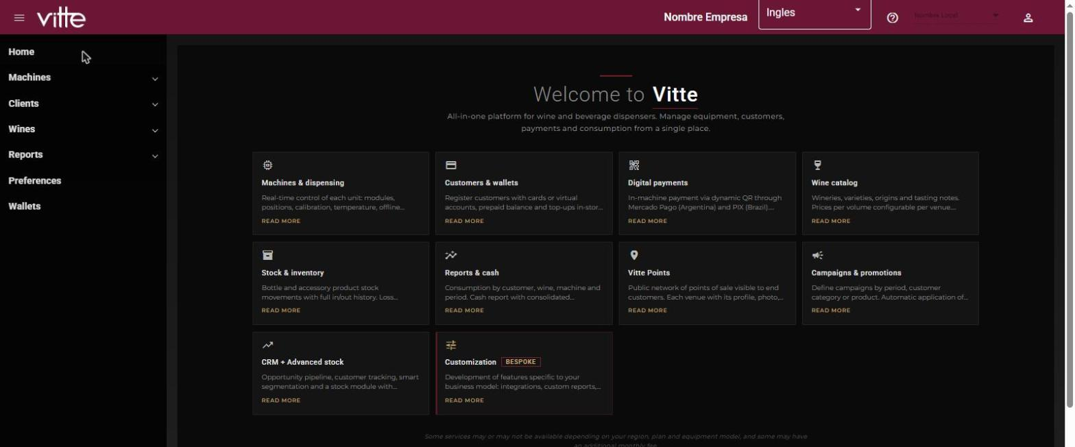 Panel home with the side menu of a Pro user