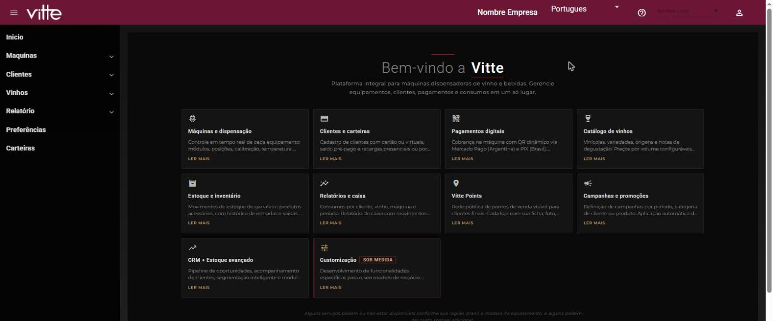 Início do painel com o menu lateral de um usuário Pro