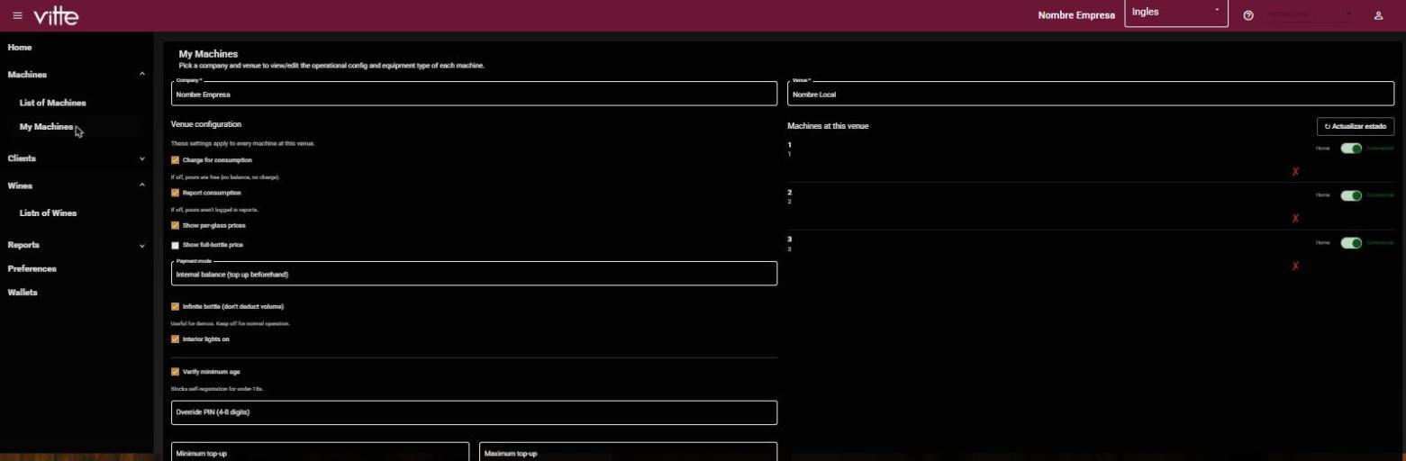 My Machines screen in the panel with the venue configuration and the list of machines