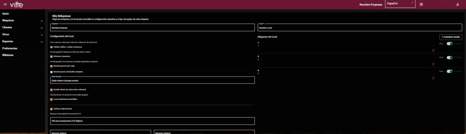 Pantalla Mis Máquinas del panel con la configuración del local y la lista de máquinas