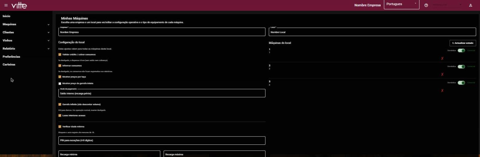 Tela Minhas Máquinas do painel com a configuração do local e a lista de máquinas