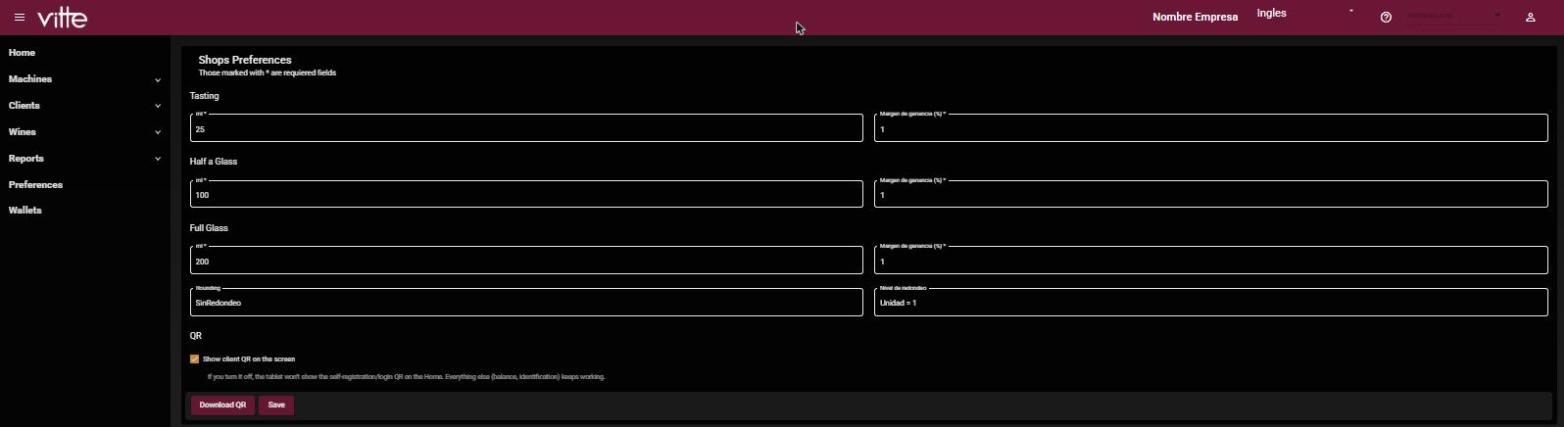 Venue Preferences in the panel: ml and margin for each pour size, rounding and QR option
