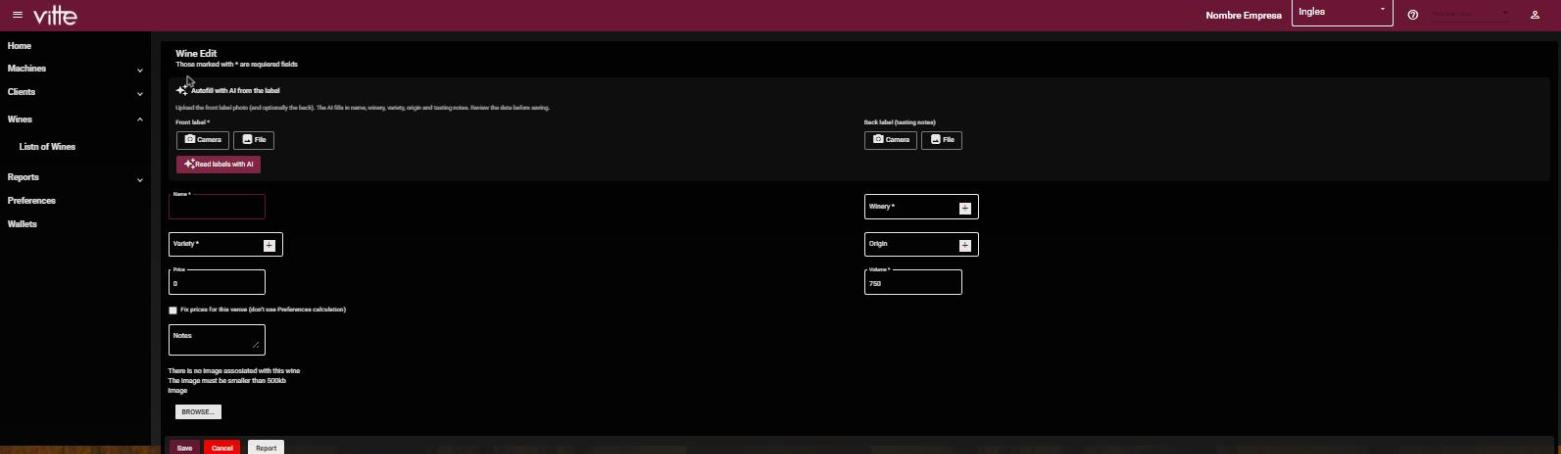 Wine Edit screen in the panel with the Autofill with AI from the label block