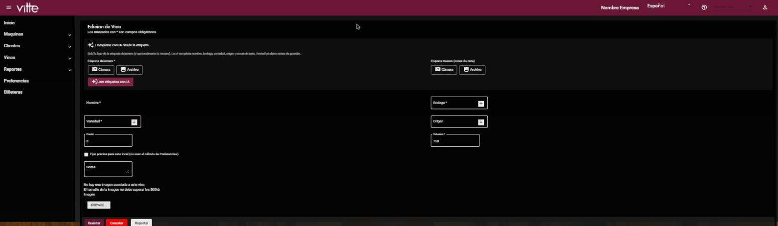 Pantalla Edición de Vino del panel con el bloque Completar con IA desde la etiqueta
