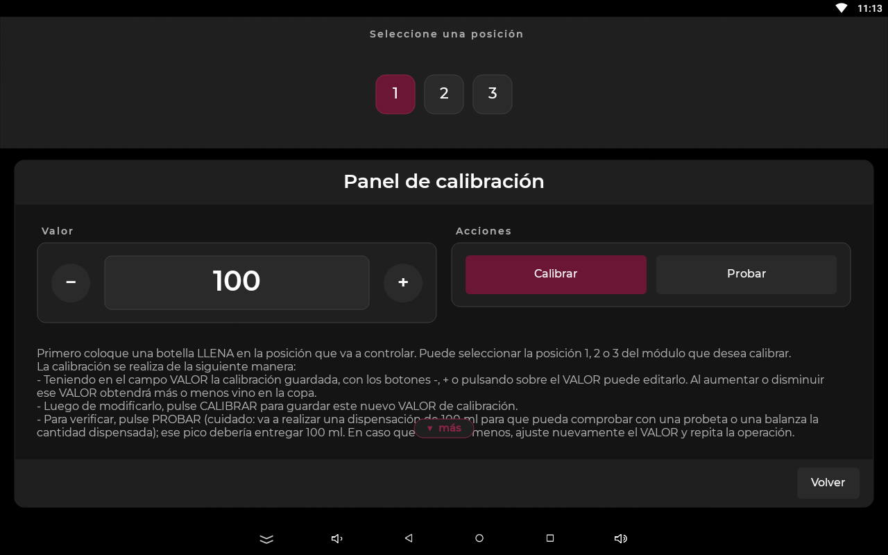 Panel de calibración con la posición, el valor y los botones Calibrar y Probar