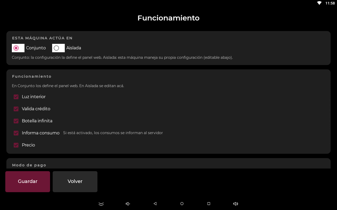 Pantalla Funcionamiento en modo Conjunto con las opciones de operación