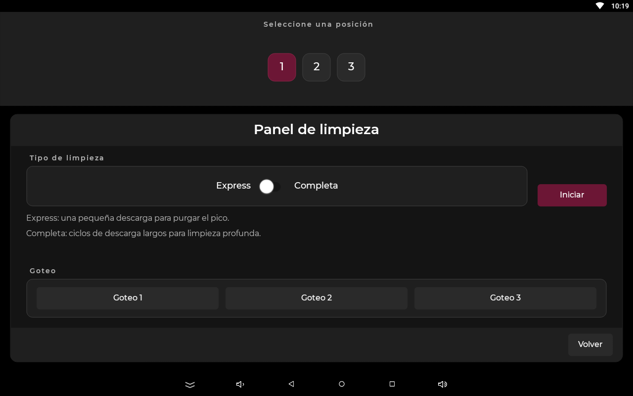 Panel de limpieza con la elección de posición, Express o Completa, Iniciar y los botones de goteo