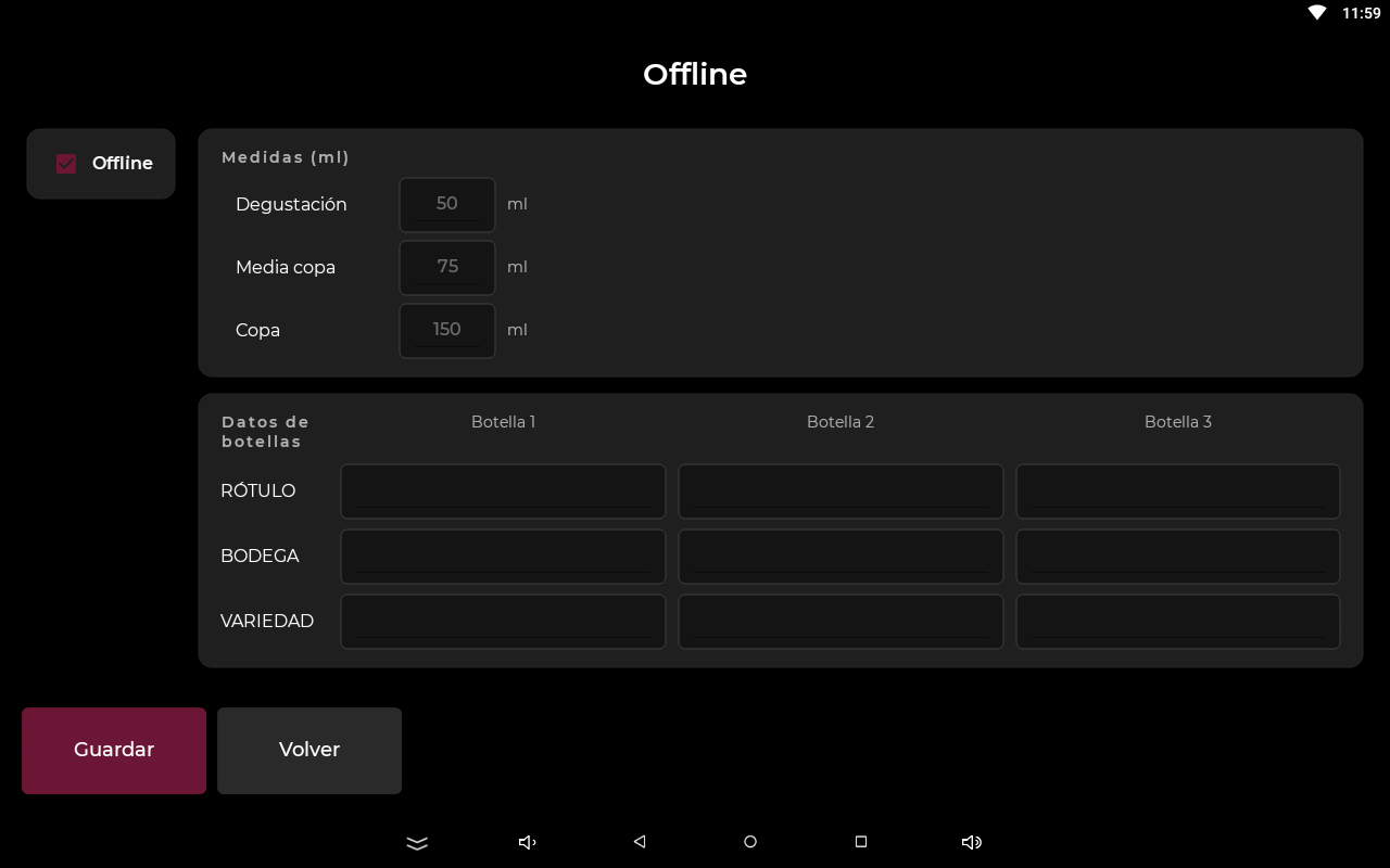 Pantalla Offline con la casilla tildada, las medidas y los datos de las botellas