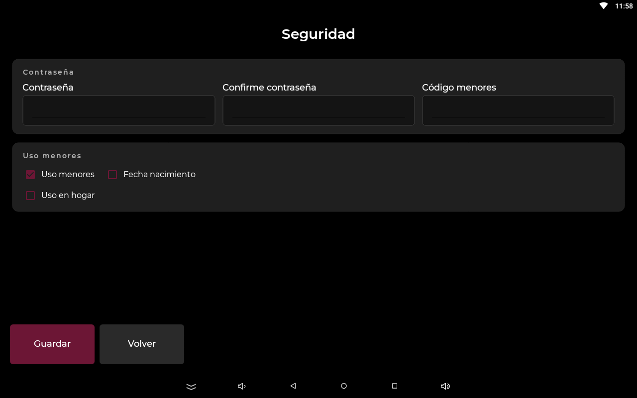 Pantalla Seguridad con contraseña, código menores y las opciones de uso menores