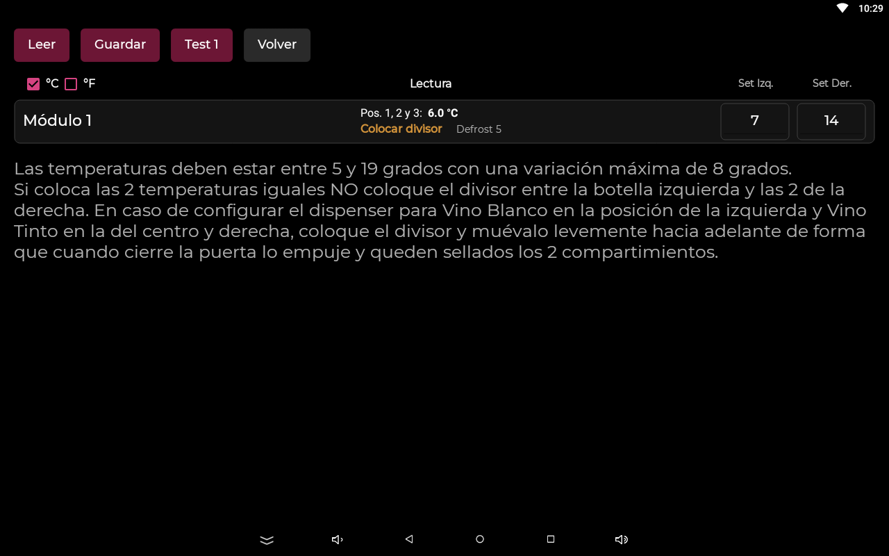 Pantalla Temperatura con la lectura del módulo 1 y los valores Set Izq. y Set Der.