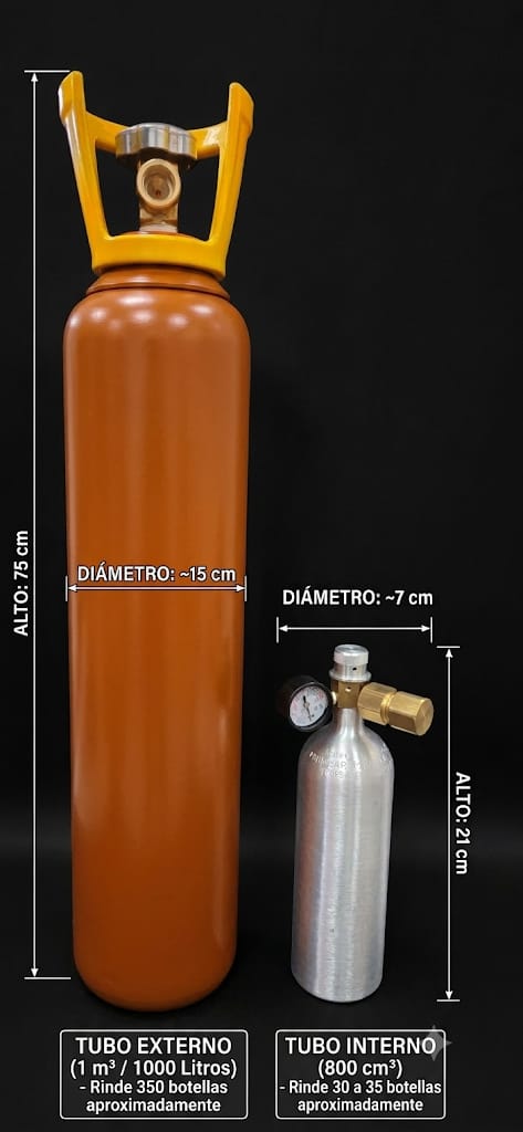 Tubo externo naranja de 75 cm de alto junto al tubo interno de aluminio de 21 cm