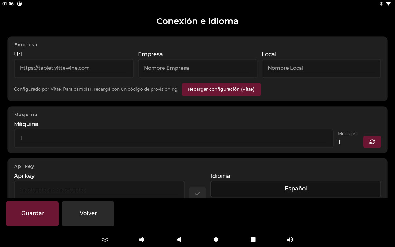 Conexión e idioma con empresa y local cargados
