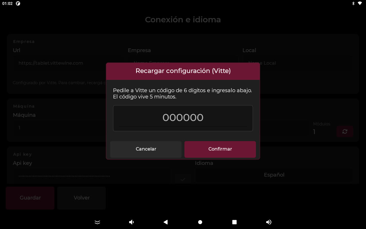 Ventana para ingresar el código de 6 dígitos