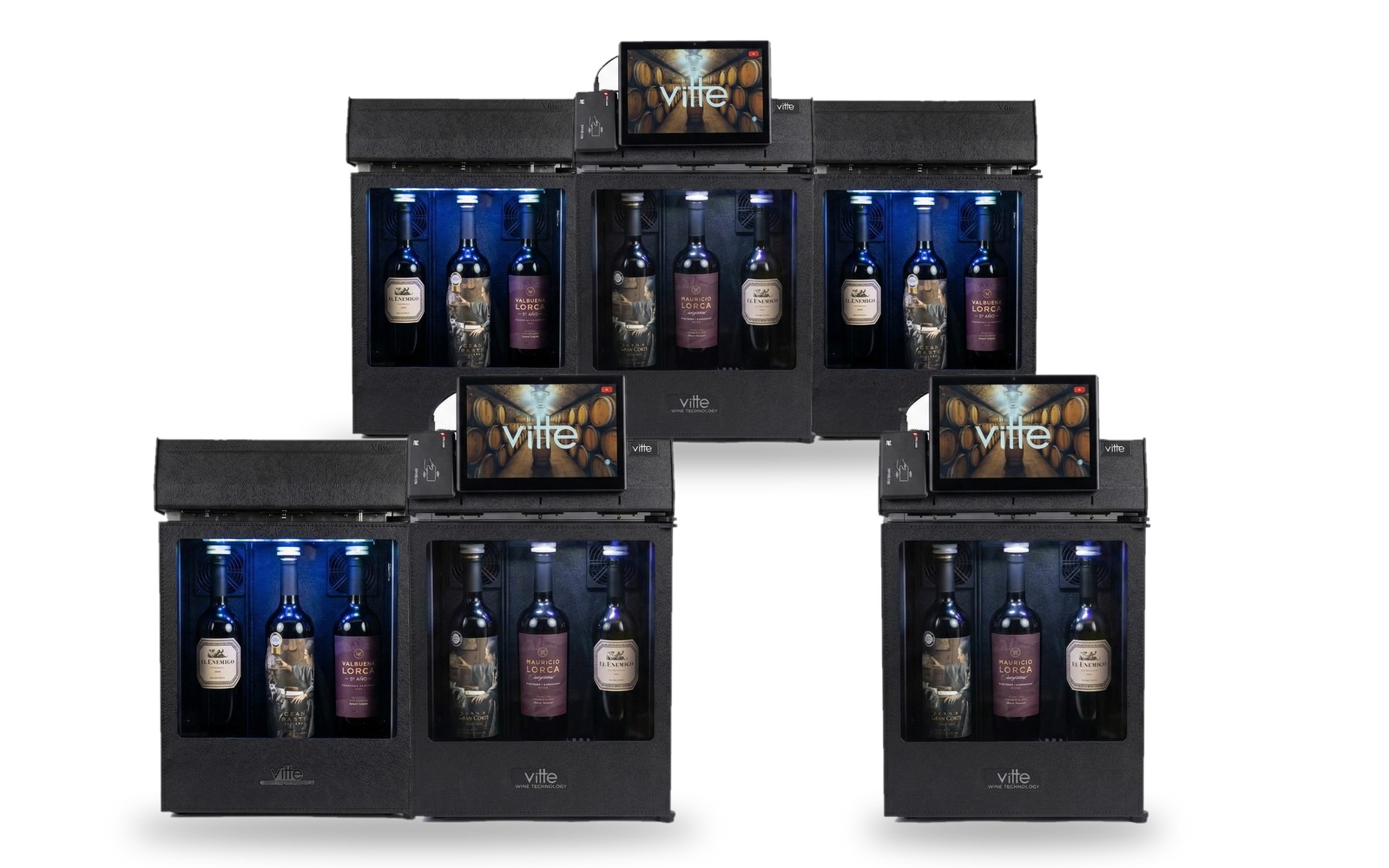 Los tres modelos Vitte: adelante, el equipo de 3 botellas y el Pro Max 6; atrás, el Pro Max 9