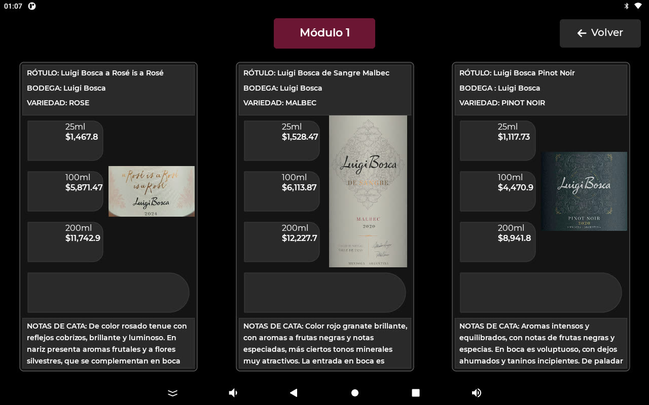 Pantalla con los tres vinos cargados