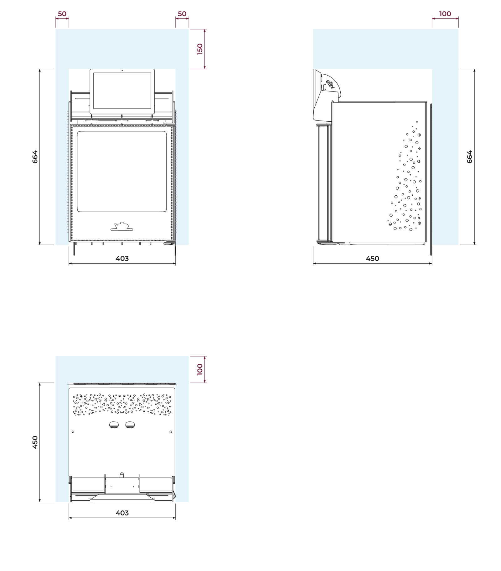 Croquis acotado del equipo de 3 botellas en vista de frente, lateral y desde arriba, con la zona de ventilación