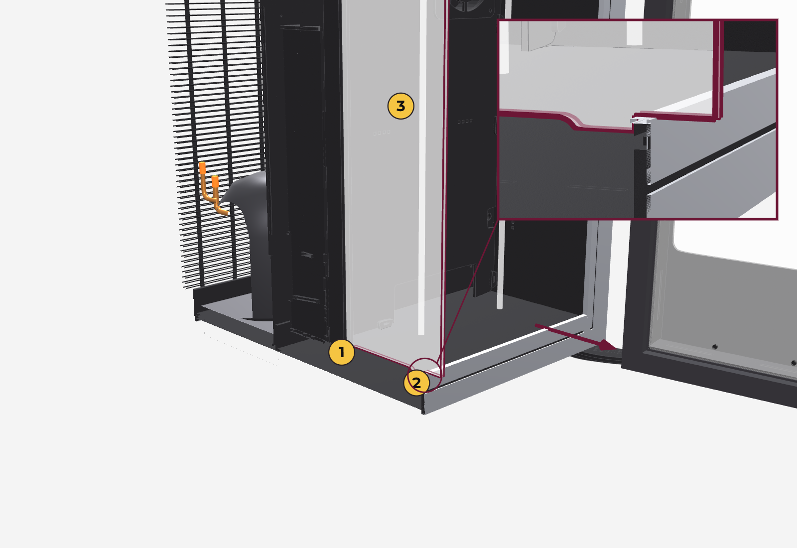 Cutaway with the front tab stopped against the small step