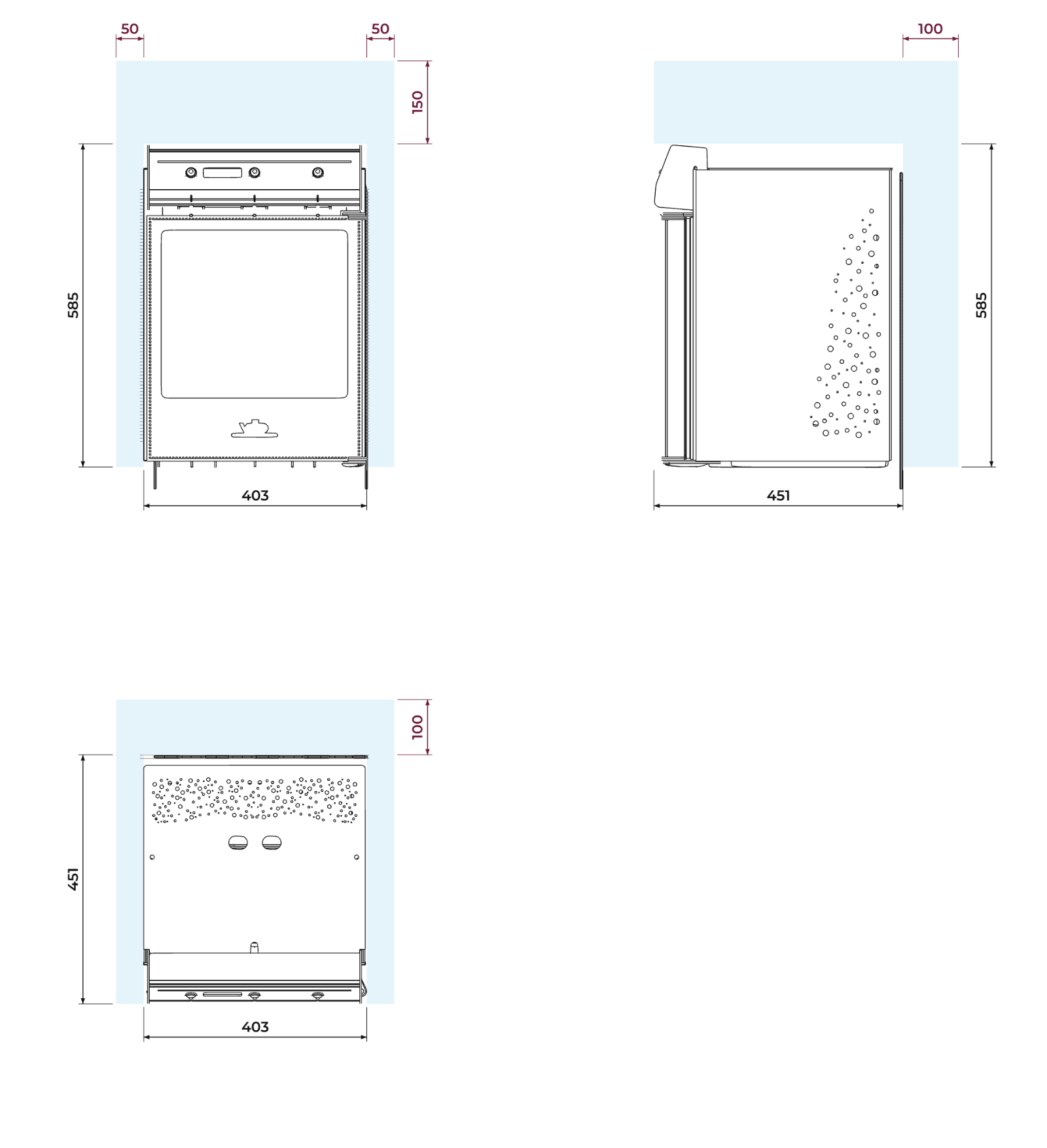 Desenho cotado do Classic de frente, de lado e de cima, com a área de ventilação