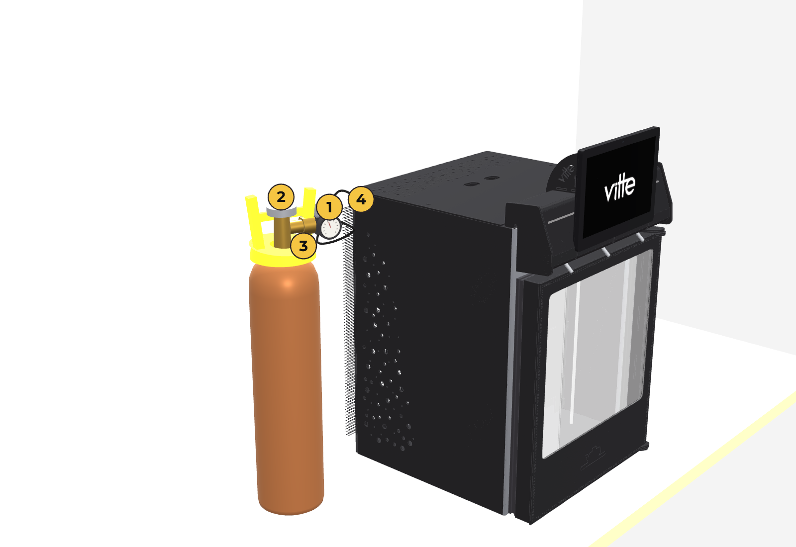 External gas cylinder standing next to the unit with the hose connected
