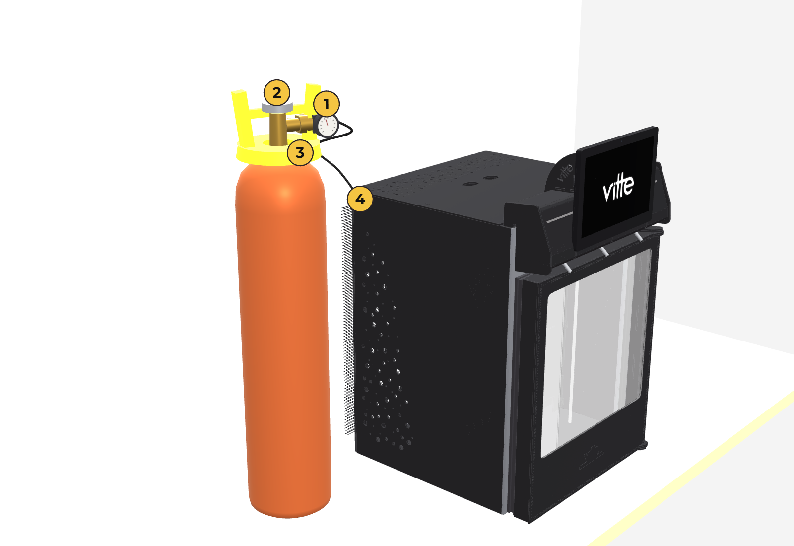 Tubo de gas externo parado al lado del equipo con la manguera conectada