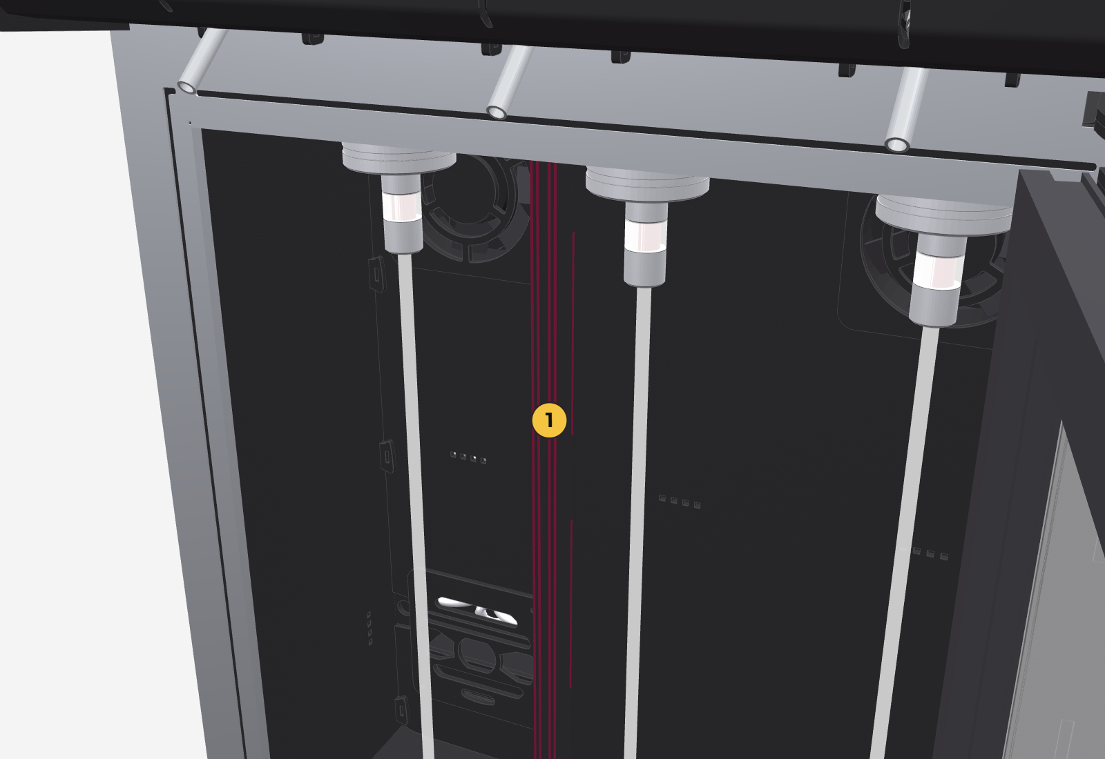 Back of the compartment with the slot between position 1 and position 2 highlighted