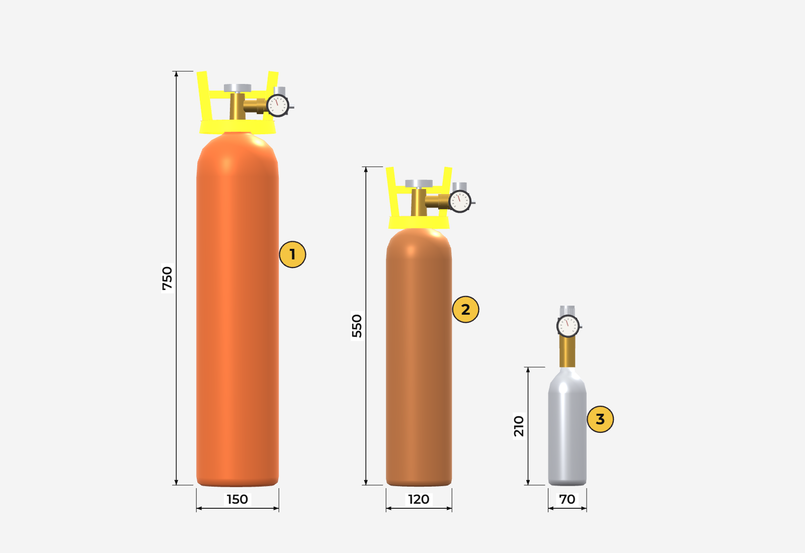 Três cilindros lado a lado na mesma escala: externo de 1 m³, externo de ½ m³ e interno de 800 cm³